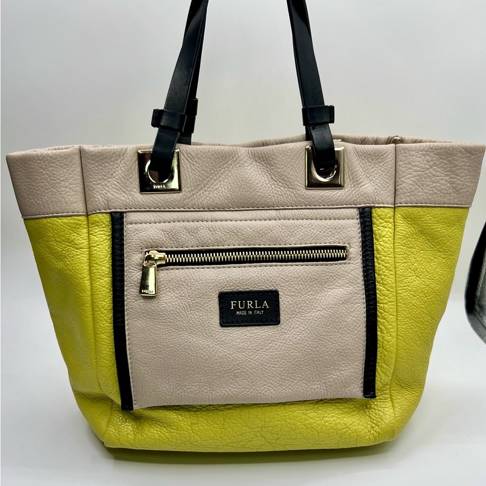 Furla Yellow-Green and Tan Color-Block Tote in Saffiano Leather